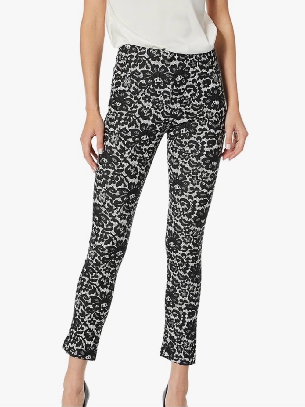 Karen Kane Black and White Lace Textured Floral Slim Pants